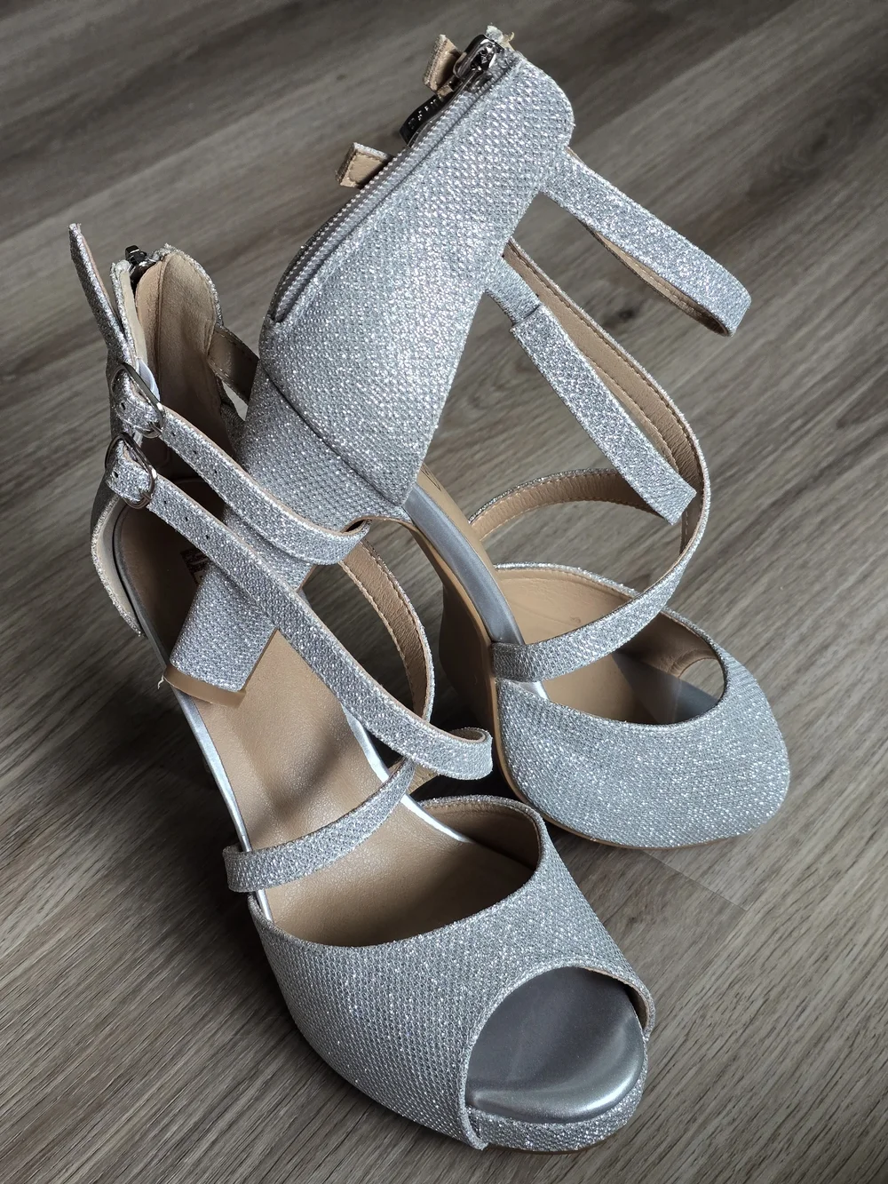 Amazon Silver Glitter Strappy Block Heel Sandals